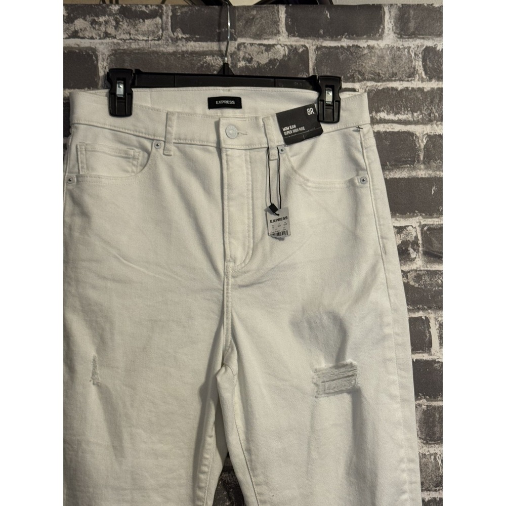 Express White Mom Jean Super High Rise‎ Jeans 8R Raw Hem Distressed NWT - Picture 5 of 8
